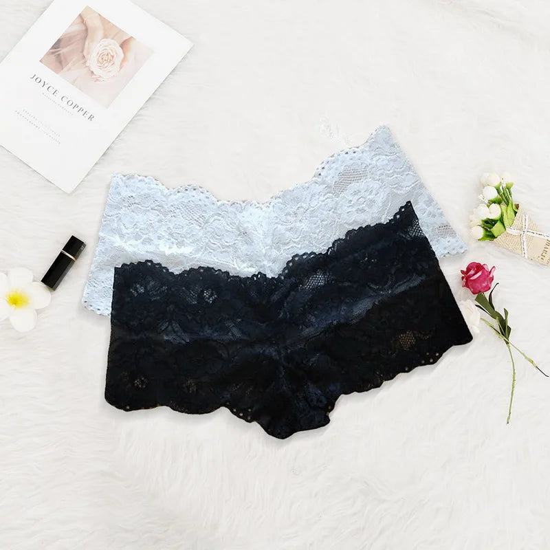 Floral Breathable Underwear Sexy Hollow Perspective Women Underwear Comfortable Black White Plus Size Boxer Briefs Lace Panties