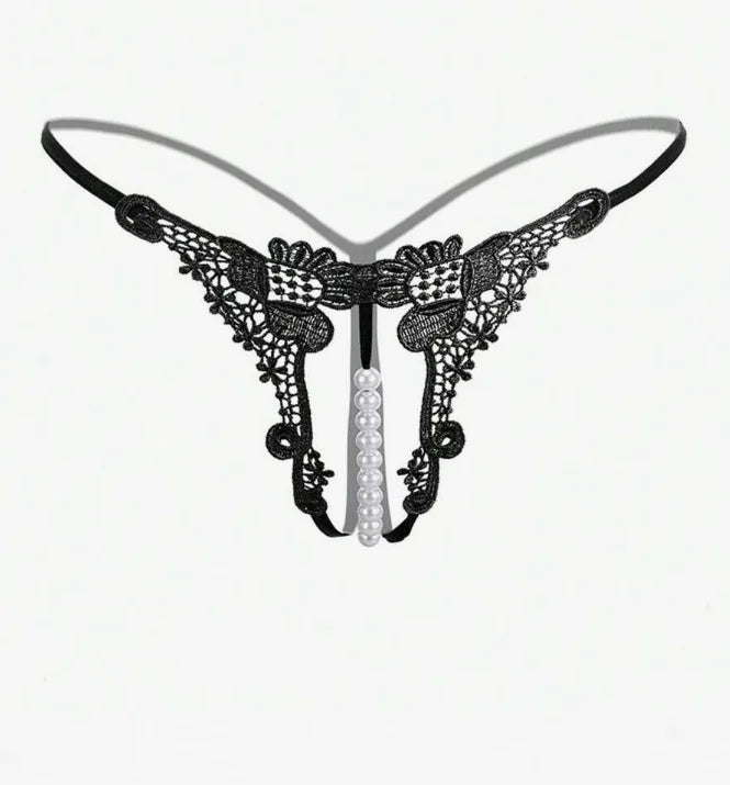 2025 New Sexy Satin Nylon Transparent Lace Pearl Open Crotch Panties Women's Thong Plus Size Erotic Underwear Medium Control